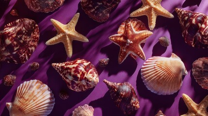 Assorted seashells and starfish arranged aesthetically