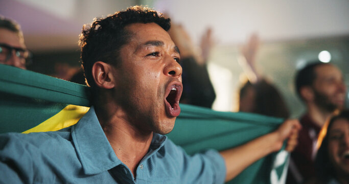 Sports, excited and men in pub with flag for score, celebrate goal and winning world cup. Cheering, friends and man shout for team support, watching game and match for social gathering in restaurant - Powered by Adobe
