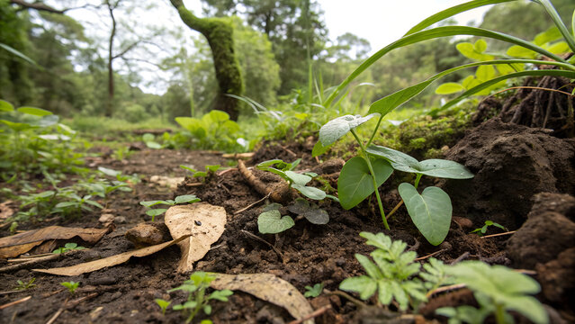 Fresh organic mushrooms growing in the ground of the forest