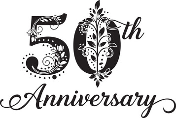 Black and white 50th Anniversary decorative vector graphic with floral filigree ornaments isolated.