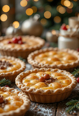Close-up of homemade holiday pies and sweets with warm kitchen cozy atmosphere
