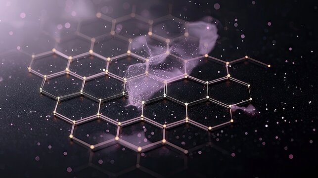 Artistic rendering of a hexagon structure with a particle effect on a dark background, creating a futuristic and abstract visual. - Powered by Adobe