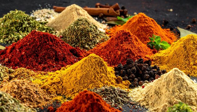 Close-up of various vibrant, colorful spice mounds and seasonings arranged on a dark surface, with cinnamon sticks