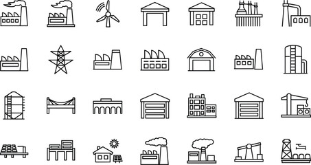 Industrial factory and energy production icons set illustrating manufacturing buildings, power plants, warehouses, and renewable resources for modern engineering vector design.