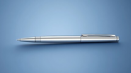 Sleek metallic silver ballpoint pen resting horizontally on a solid light blue background surface