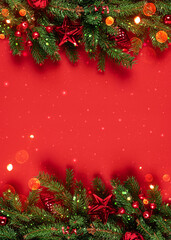 Christmas tree with red glitter decorations on red background. Merry Christmas and Happy New Year...