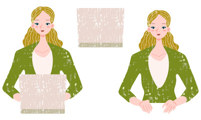 パソコン操作する女性の素材セット（人物やパソコンのカラーの一部は、自作のパターンテクスチャ（ａｉデータにスウォッチ登録あり）を使用）