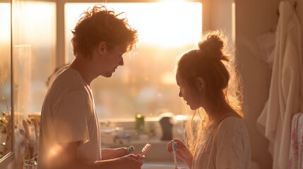 Couple shares a morning moment while brushing teeth in cozy bathroom light