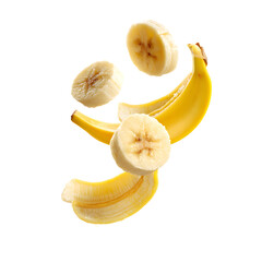 Flying Banana Slices in Air Isolated on White Background