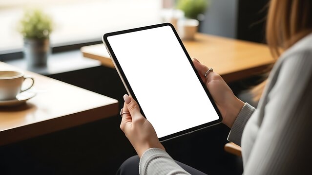 Woman holding a modern tablet with a blank white screen mock-up, seated in a bright, contemporary cafe environment - Powered by Adobe