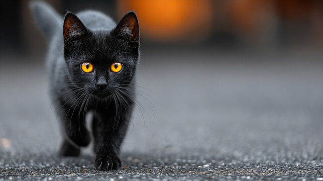 Black young cat with striking yellow eyes walking gracefully, exuding curiosity and elegance, captured in a dynamic pose against a neutral or dark background.