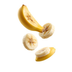 Floating Banana Slices in Mid-air Isolated on White Background