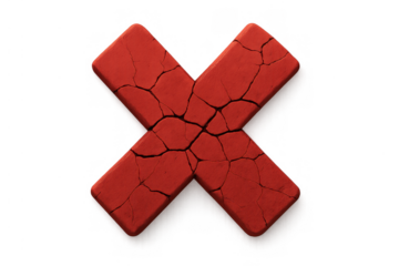 Red cracked x mark conveying concepts of negative outcomes, rejection, problem, shutdown, and cancellation. Transparent background