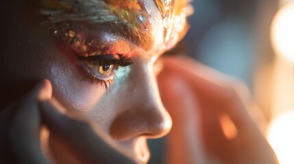 Makeup artist applies intricate makeup design for a performance at a theater event