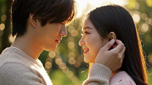 Young couple embrace outdoor gentle sunlight romantic connection soft focus background