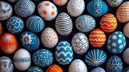 A collection of beautifully decorated Easter eggs with various patterns and colors arranged on a dark background.
