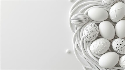 Close-up of a nest of white Easter eggs with various patterns on a white background. The image evokes a sense of freshness and celebration.