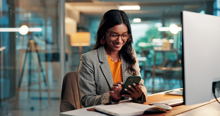 Phone, message and woman with computer in office for creative project overtime with online article....