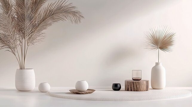 A minimalist still life composition featuring decorative plants, vases, and other objects arranged on a white surface with soft lighting.