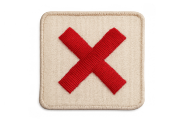 Red knitted x mark on a beige square patch, symbolizing rejection, error, and denial, with transparent background