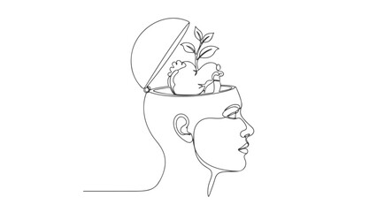 Continuous one line art drawing of a human head profile with a growing plant and heart inside, symbolizing growth and ideas