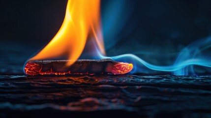 Dancing Flames: Vivid orange and blue flames dance from a burning piece of wood, casting a warm glow and creating a dynamic interplay of color and energy.