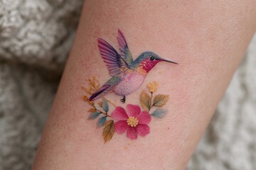 Fototapeta premium Hummingbird Tattoo: Intricate hummingbird tattoo on the skin, vibrant art of wildlife, and botanical elegance captured.