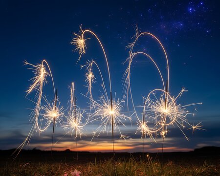 Sparklers create a magical light show against the twilight sky painting luminous arcs and bursts of golden light