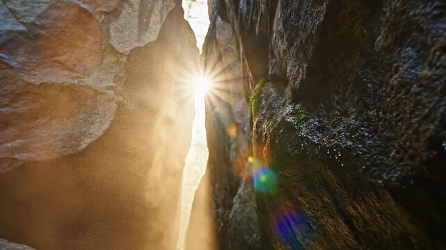 Sunlight streams through a narrow canyon creating a dramatic natural spectacle.