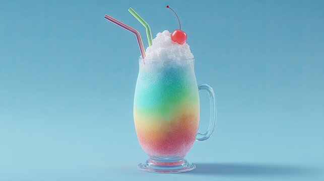 Colorful frozen beverage with cherry topping and straws.