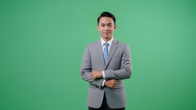 Portrait of a confident businessman standing with arms crossed against a green screen background
