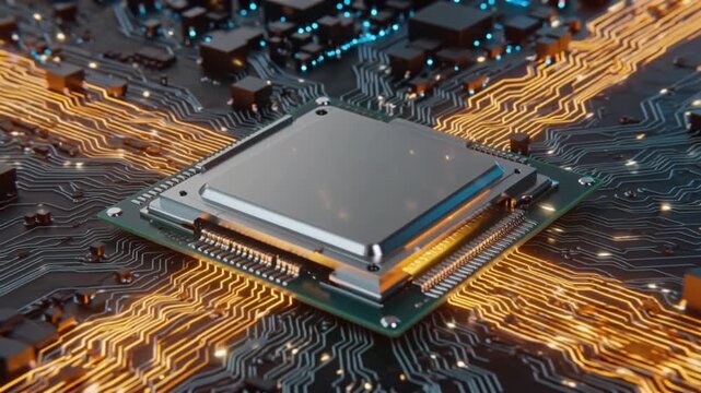 A macro closeup of a digital computer circuit board reveals intricate electronic components and microchips, highlighting advanced semiconductor technology and hardware