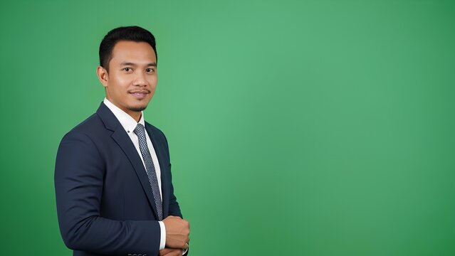 A confident businessman in a suit stands against a vibrant green screen backdrop with a gentle smile