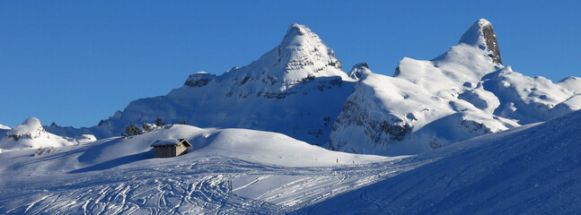Beautiful shaped mountain Fulen and Rossstock, view from Chlingenstock, Stoos, Switzerland.