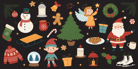 Christmas vector set on dark background with Santa Claus, snowman, elf, gifts, and cozy winter holiday elements