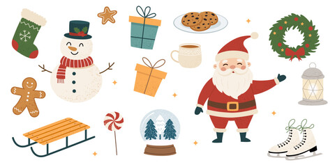 Christmas vector set with Santa Claus, snowman, wreath, gifts and cozy winter holiday elements.