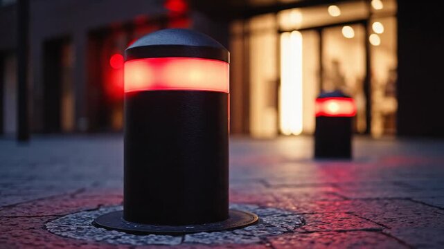 Modern black bollard with glowing red light on urban street at night providing safety and guidance city infrastructure
