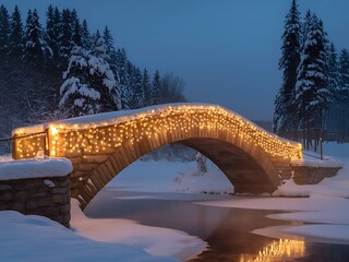 A picturesque stone bridge adorned with warm glowing lights illuminates a tranquil winter landscape under a twilight sky