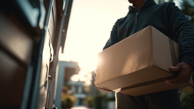 Express Delivery: A delivery person removes a package from a cargo van, symbolizing efficient and reliable shipping