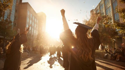 Graduates celebrate under a bright sunset at a university commencement ceremony