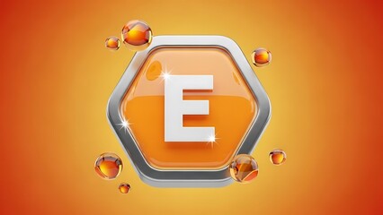 Vitamin e capsule emblem with floating droplets on orange gradient background