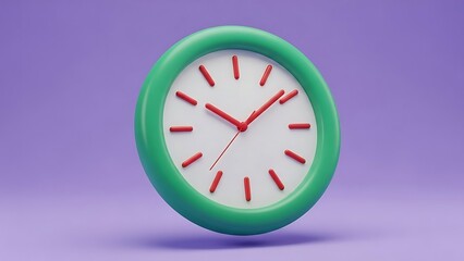 Modern cartoon clock with green bezel and red hands on purple background
