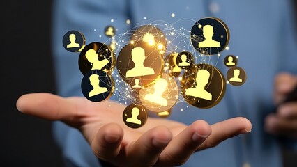 Connected people icons floating above a person's open hand in a network