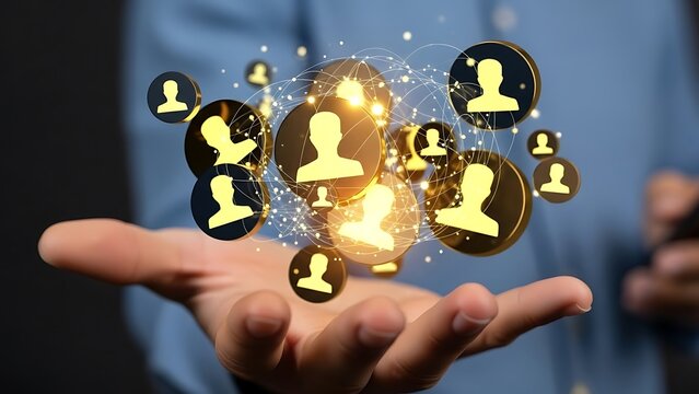 Connected people icons floating above a person's open hand in a network - Powered by Adobe