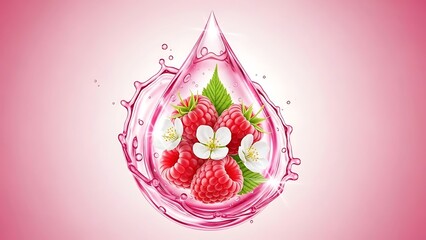 Raspberry fruit with leaves and flowers trapped in a pink liquid splash drop