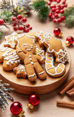 Gingerbread cookies on wooden plate with christmas decor