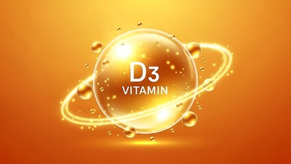Golden vitamin d3 capsule with glowing rings and small droplets on orange background
