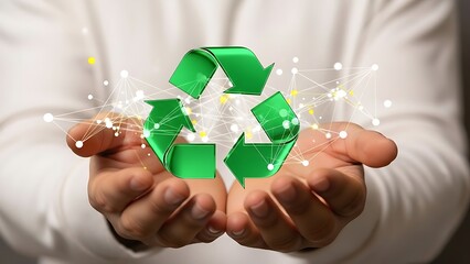 Green recycling symbol held in hands with network overlay and bokeh lights