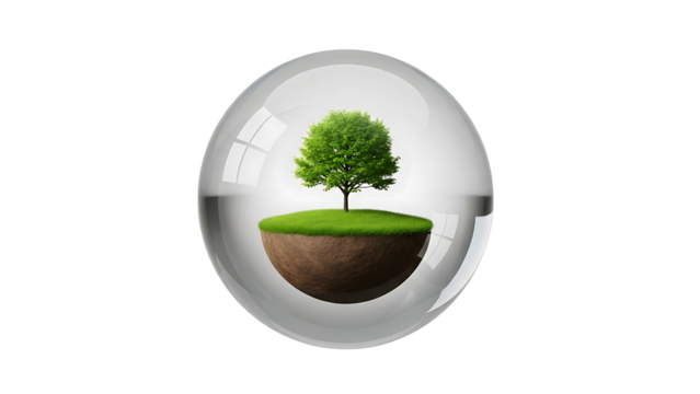 Envision vibrant green tree thriving inside glass bubble, symbolizing ecology, environmental protection and sustainable future, a powerful conceptual statement