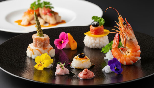 Gourmet Japanese cuisine platter with sushi, shrimp, scallop and edible flowers, arranged on black plate with secondary dish in background, representing fine dining and culinary art.